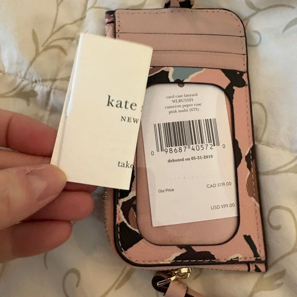 NWT Kate‎ Spade Card Case Lanyard Cameron Paper Rose Pink Multi Wallet ID Holder